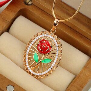 "Rose Gold Oval Pendant with Red Rose and Green Leaf Enamel Design, XPPT1379